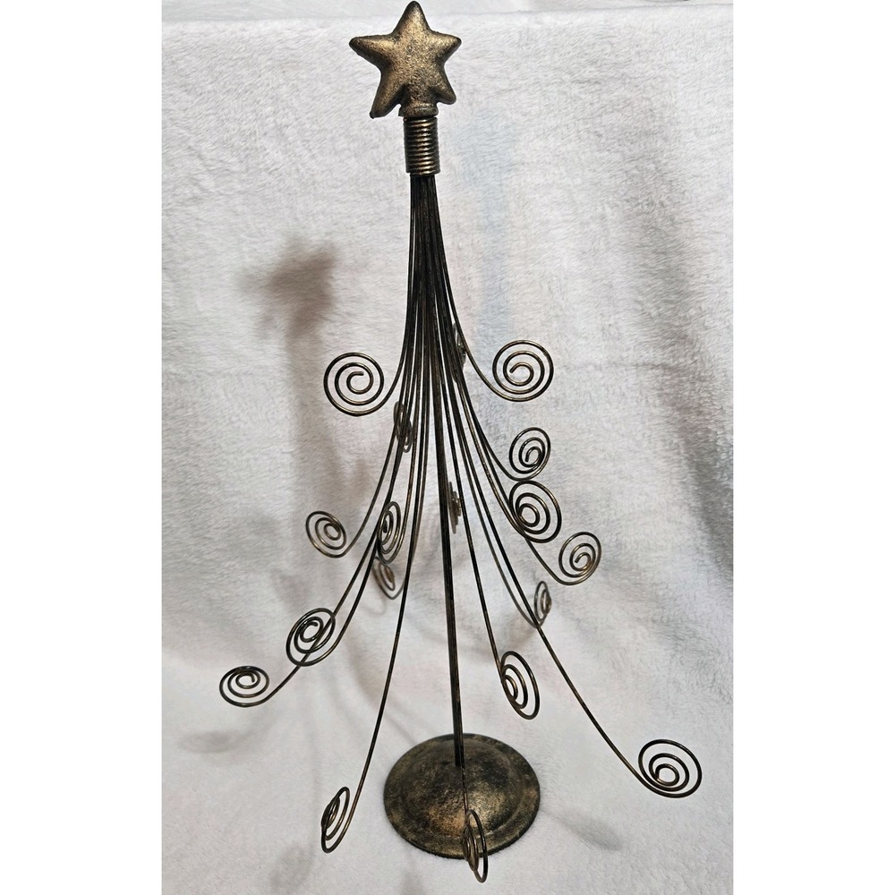 Rustic Metal Wire Tabletop Christmas Tree Card/Photo Holder Bronzy Gold 18" Tall